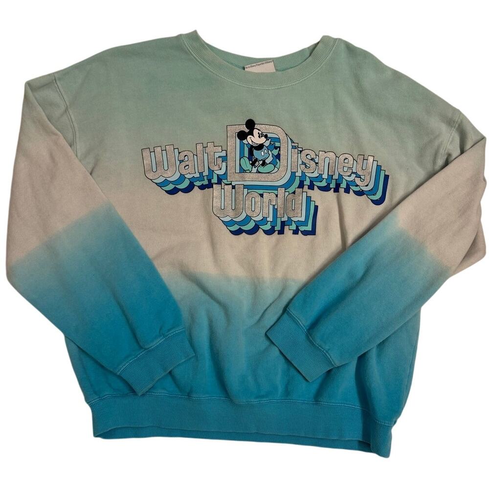 Walt Disney World Disney Parks Women's Ombre Blue Crewneck Sz L Silver Logo